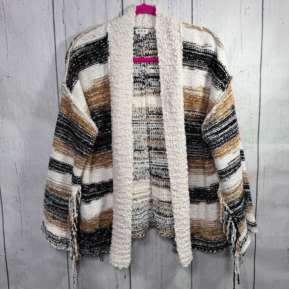 Pol Striped Fringe Cardigan Sweater Womens S Boho Southwestern Cozy Knit Soft